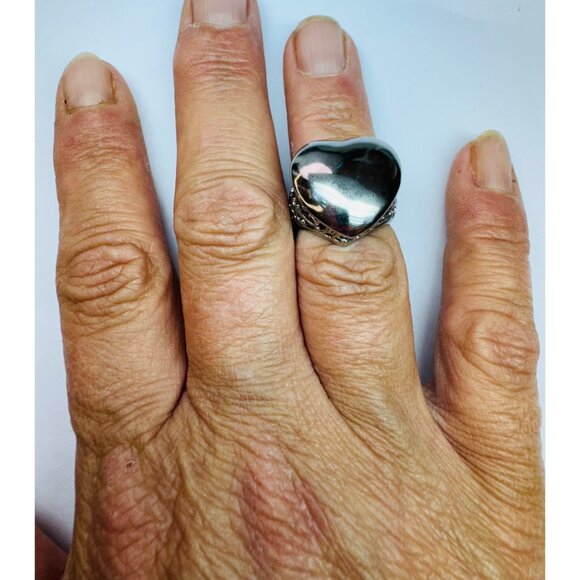 Estate Vintage Stainless Steel Heart Statement Ring Filigree Design Size 6 - Picture 8 of 12